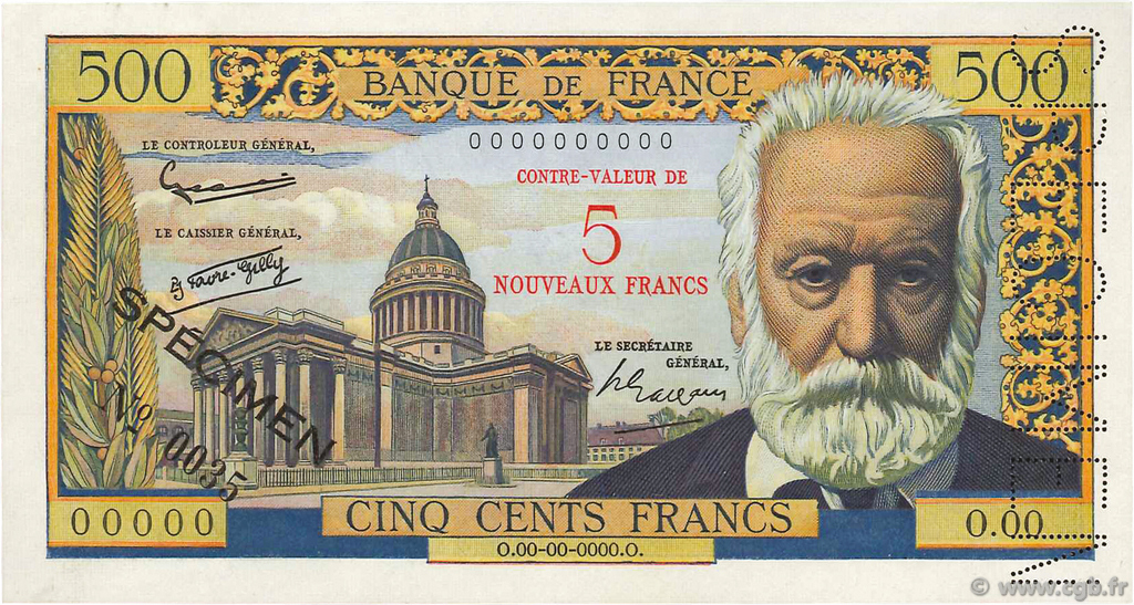 5 NF sur 500 Francs Victor HUGO FRANCE  1958 F.52.01Spn pr.NEUF