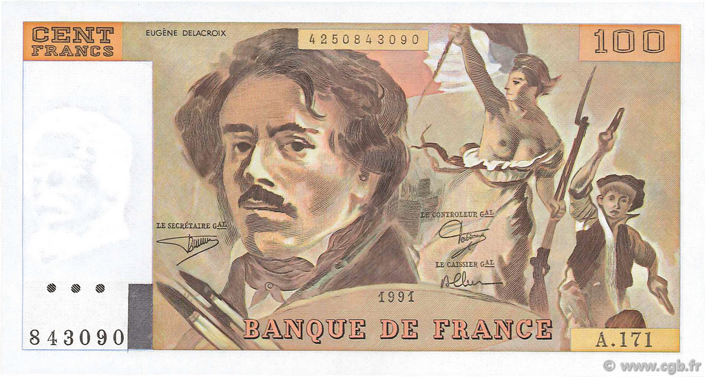 100 Francs DELACROIX imprimé en continu FRANCE  1991 F.69bis.03a2 NEUF
