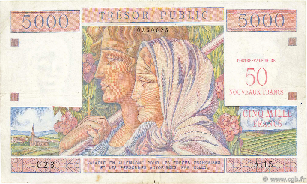 50NF sur 5000 Francs TRÉSOR PUBLIC FRANCE  1960 VF.39.01 pr.TTB