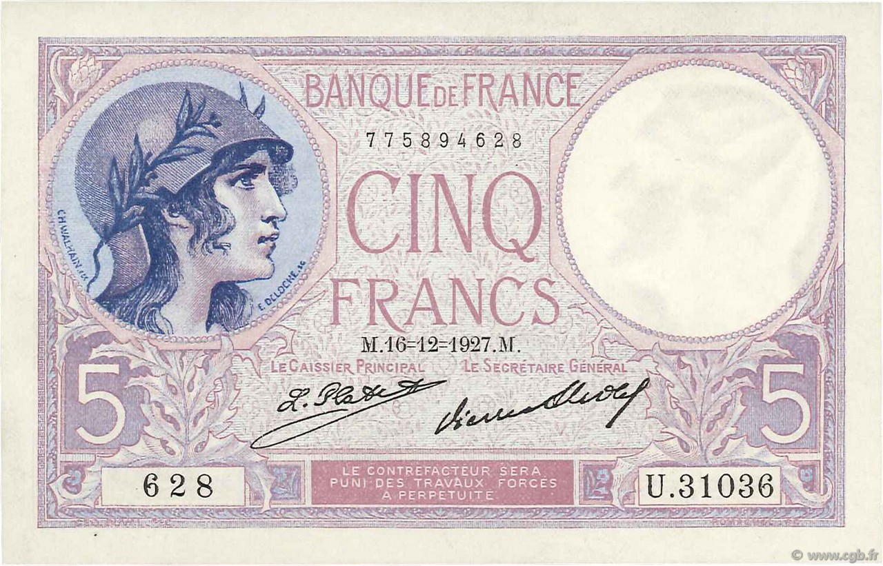 5 Francs FEMME CASQUÉE FRANCE  1927 F.03.11 pr.NEUF