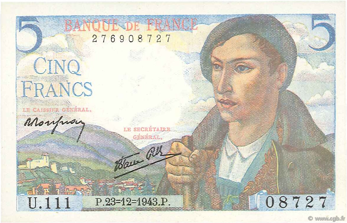 5 Francs BERGER FRANCE  1943 F.05.05 SPL