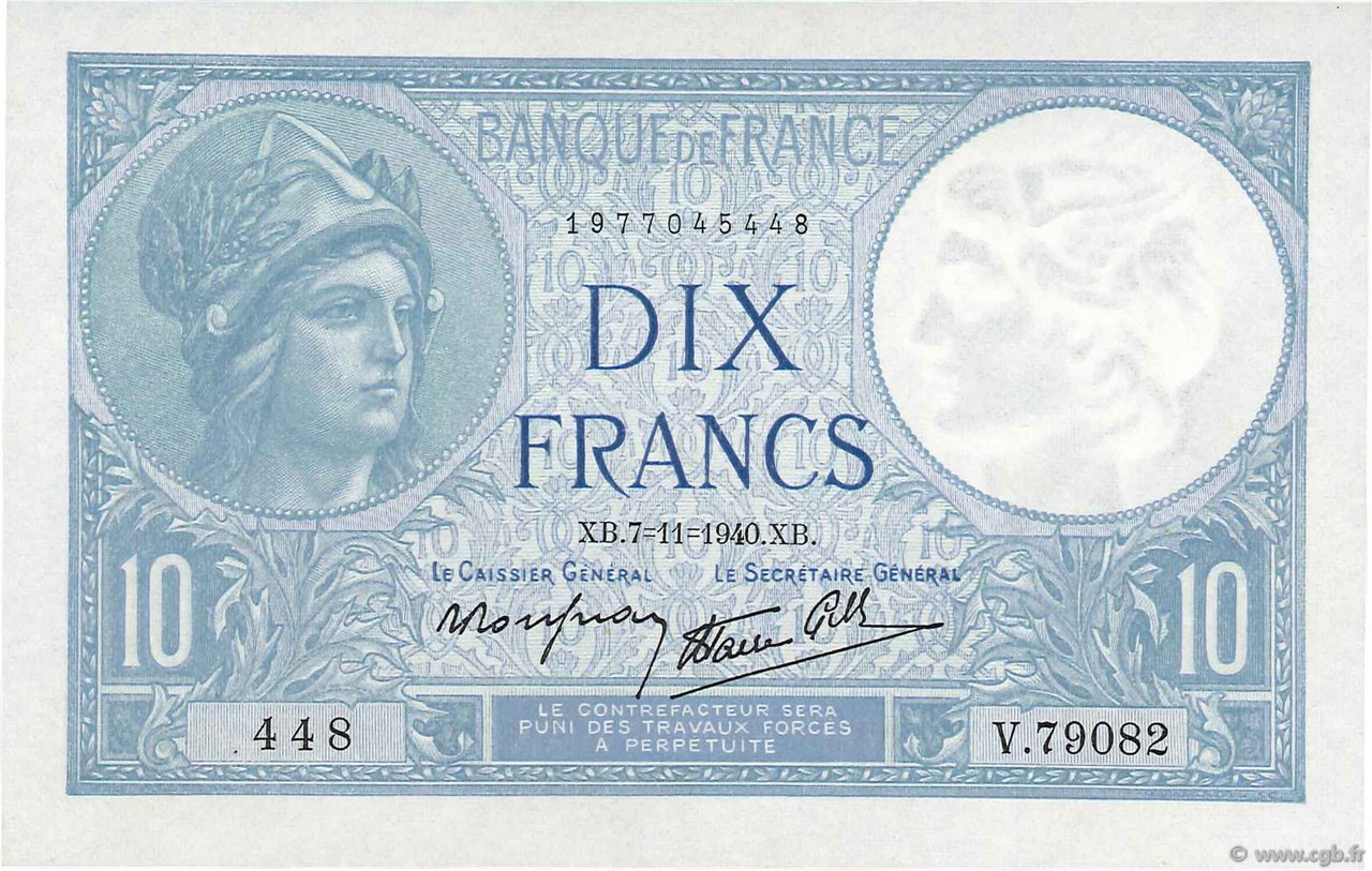10 Francs MINERVE modifié FRANCE  1940 F.07.19 SPL
