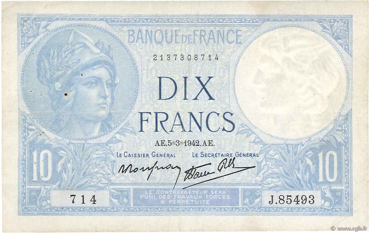 10 Francs MINERVE modifié FRANCE  1942 F.07.31 TB+