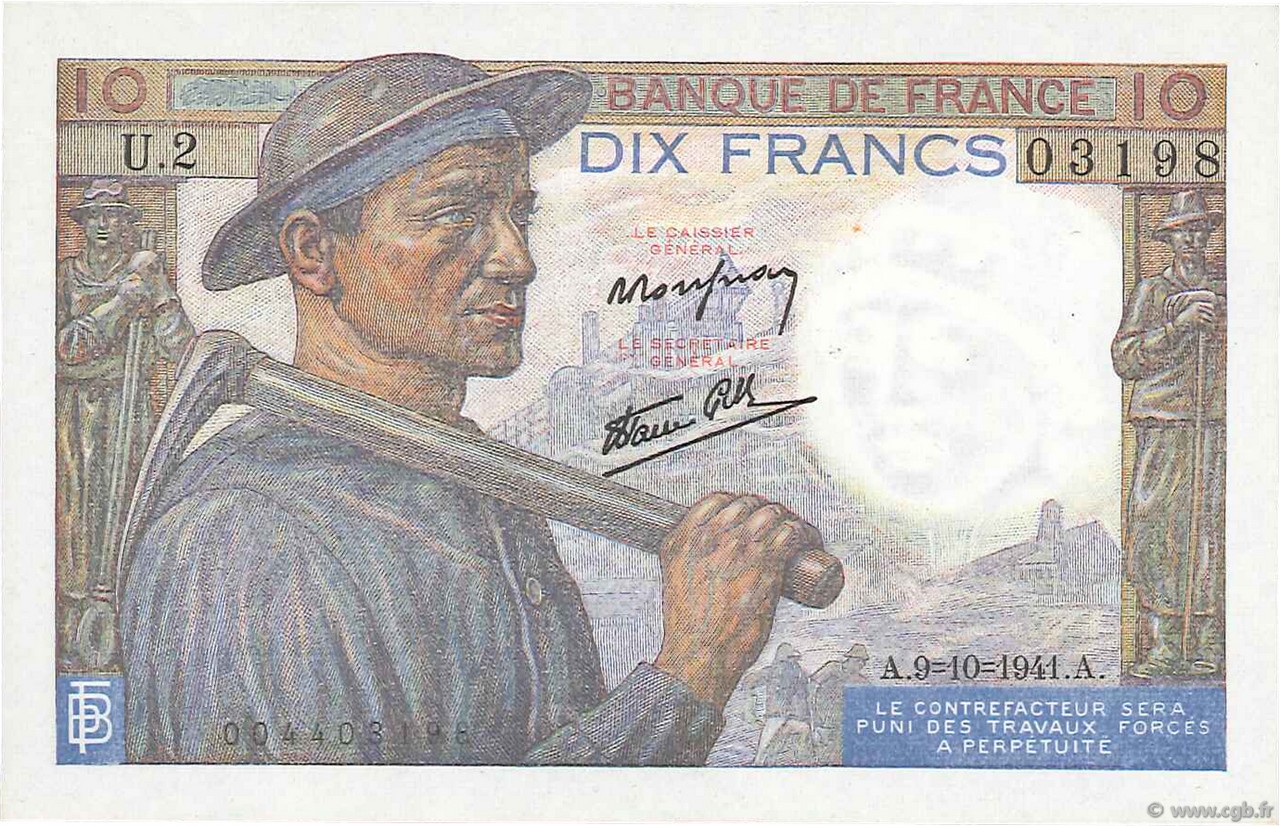 10 Francs MINEUR FRANCE  1941 F.08.02 SPL