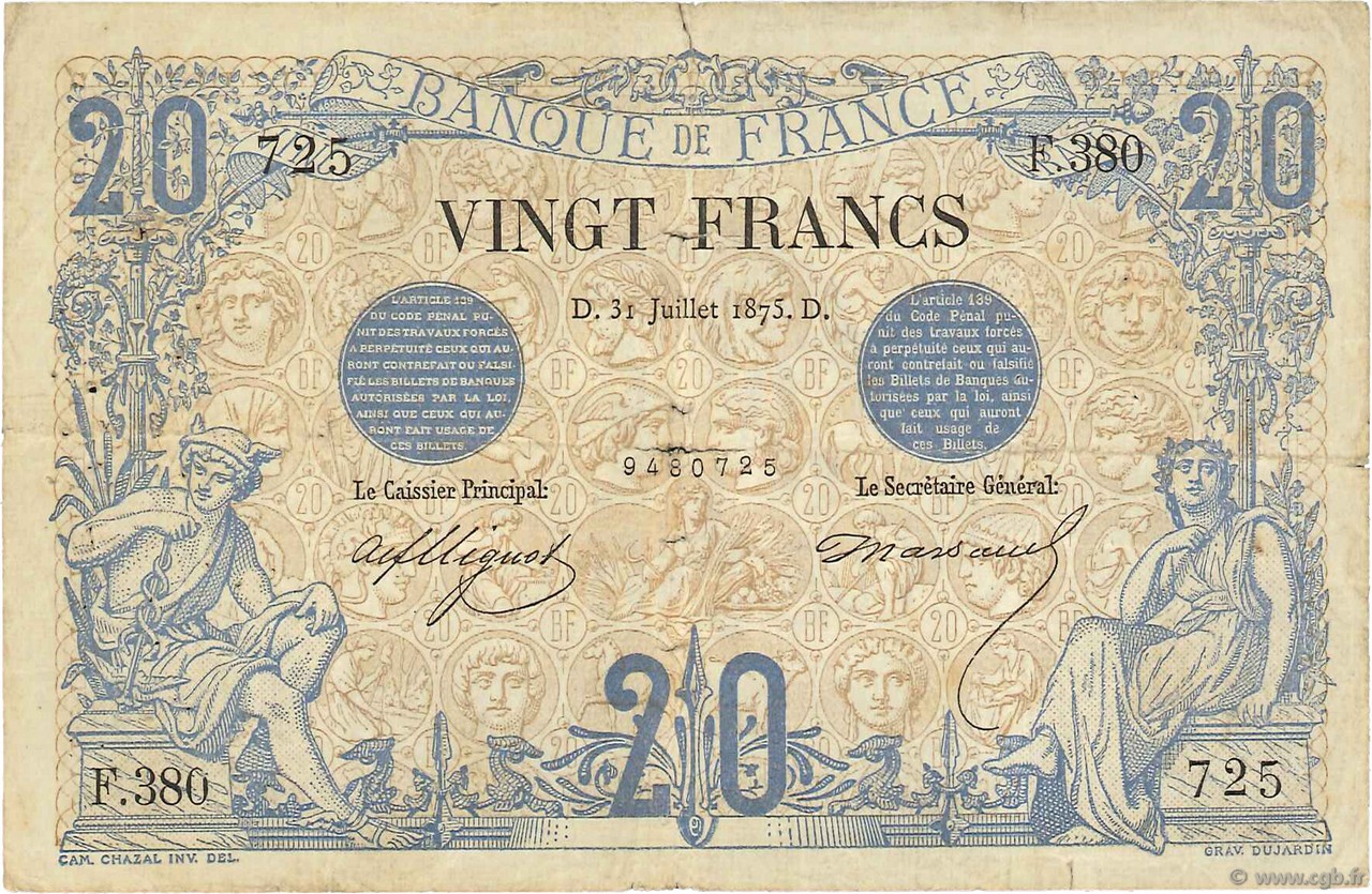 20 Francs NOIR FRANCE  1875 F.09.02 B+