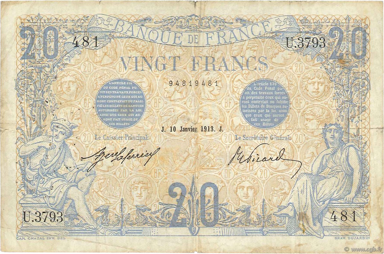 20 Francs BLEU FRANCE  1913 F.10.03 B à TB
