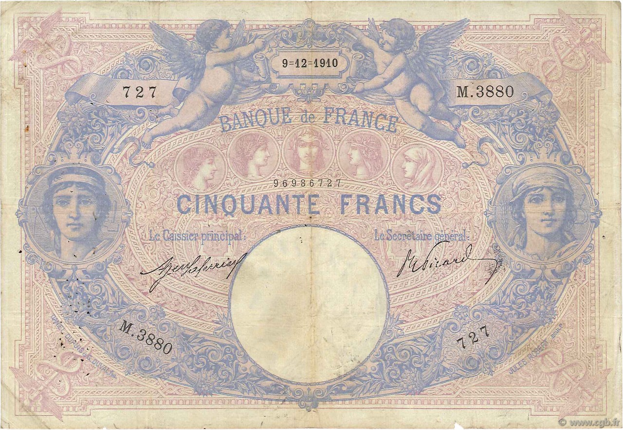 50 Francs BLEU ET ROSE FRANCE  1910 F.14.23 B+