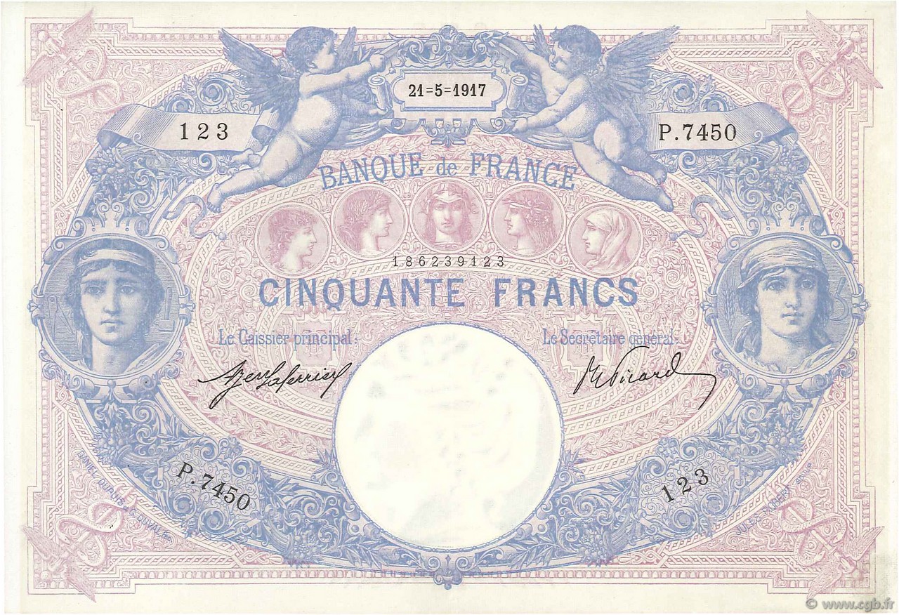 50 Francs BLEU ET ROSE FRANCE  1917 F.14.30 pr.SUP