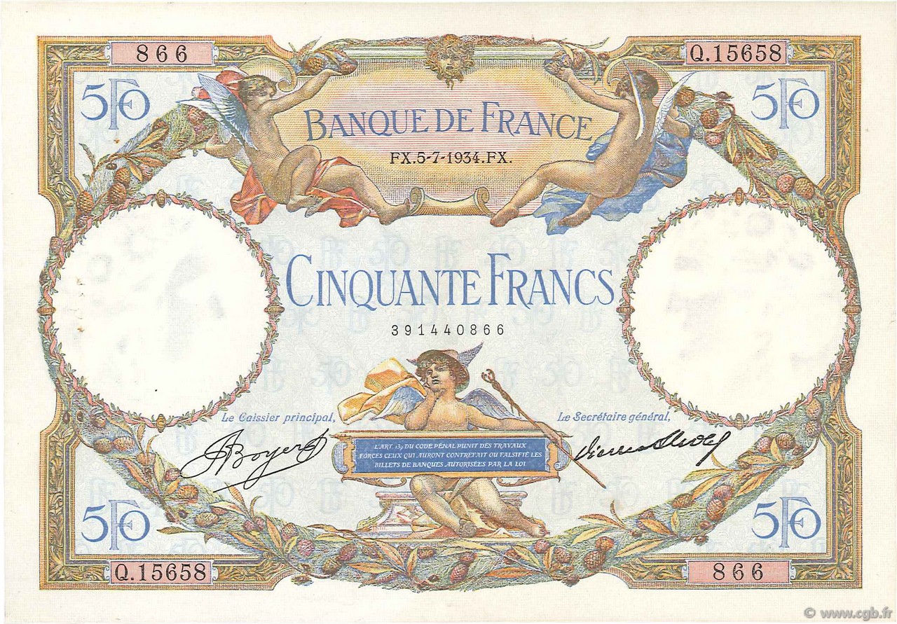 50 Francs LUC OLIVIER MERSON type modifié FRANCE  1934 F.16.05 TTB à SUP