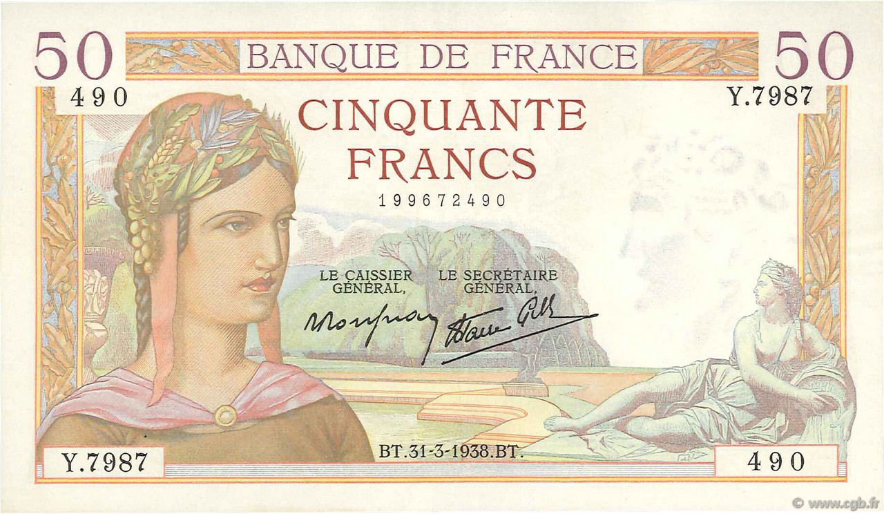 50 Francs CÉRÈS modifié FRANCE  1938 F.18.11 pr.SPL