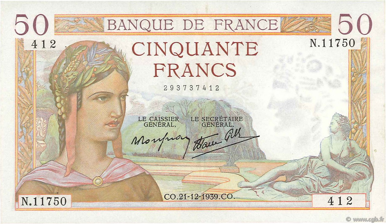 50 Francs CÉRÈS modifié FRANCE  1939 F.18.36 SPL