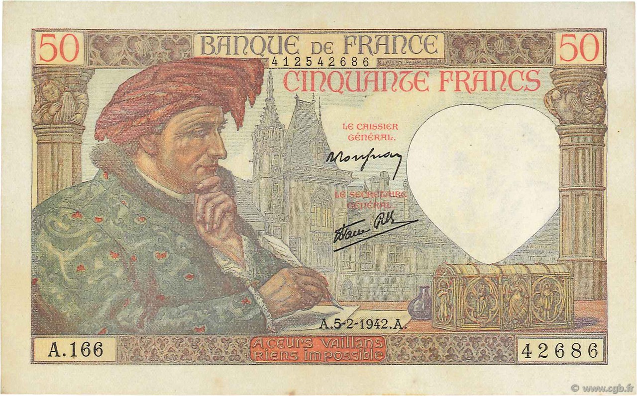 50 Francs JACQUES CŒUR FRANCE  1942 F.19.19 SUP+