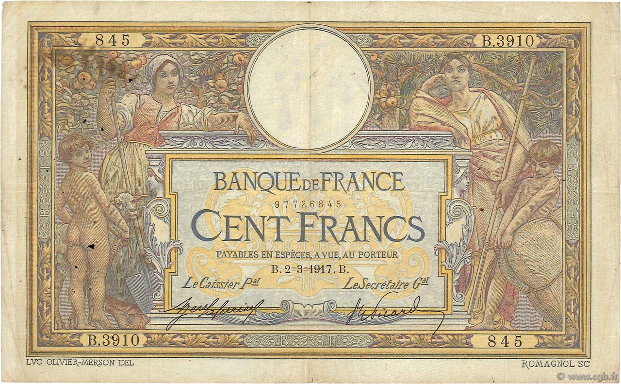 100 Francs LUC OLIVIER MERSON sans LOM FRANCE  1917 F.23.09 TB