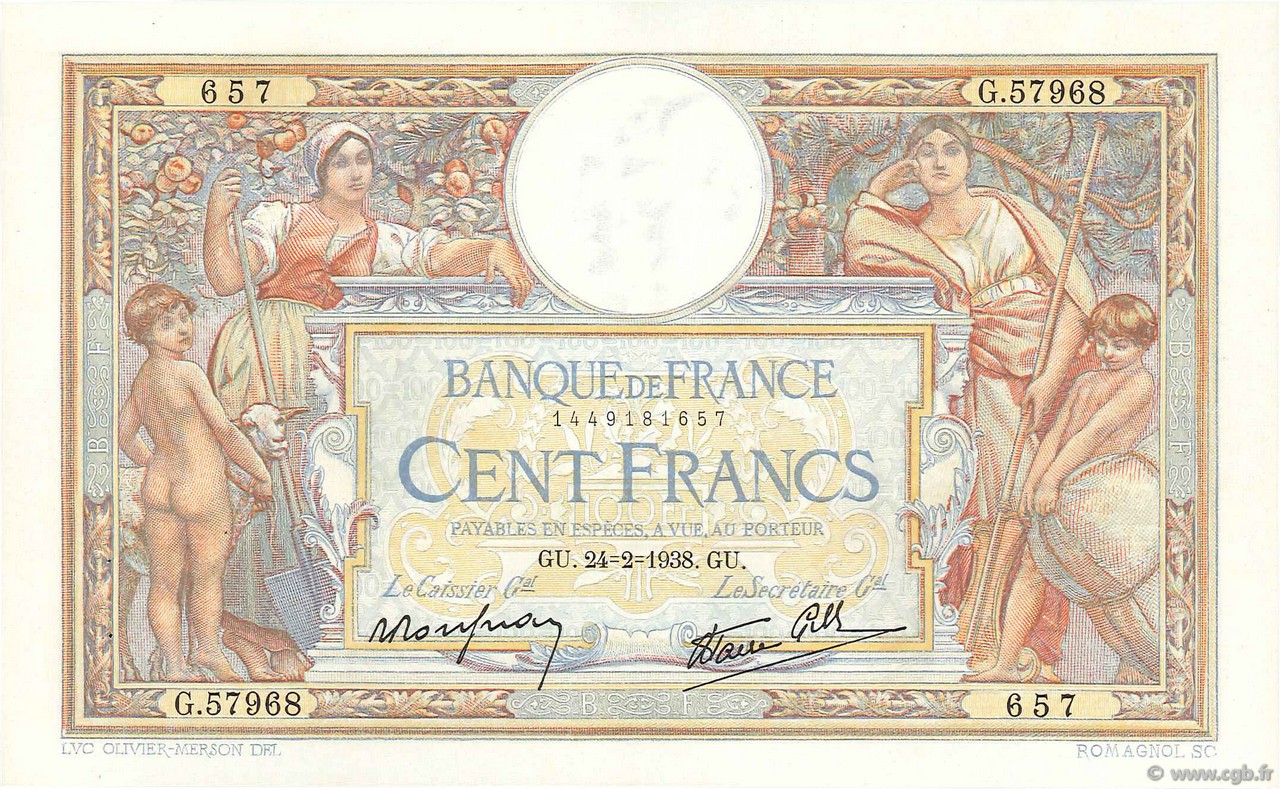 100 Francs LUC OLIVIER MERSON type modifié FRANCE  1938 F.25.12 SUP+