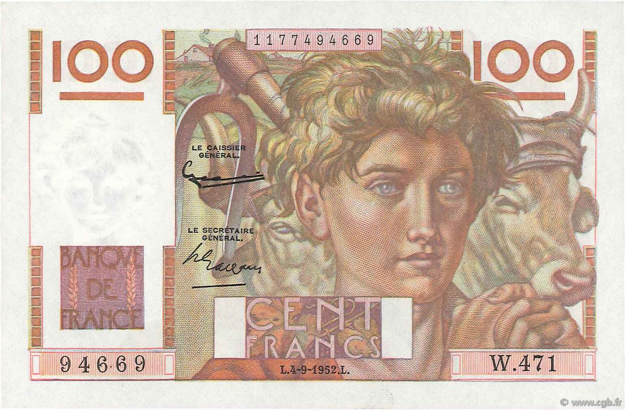 100 Francs JEUNE PAYSAN FRANCE  1952 F.28.33 NEUF