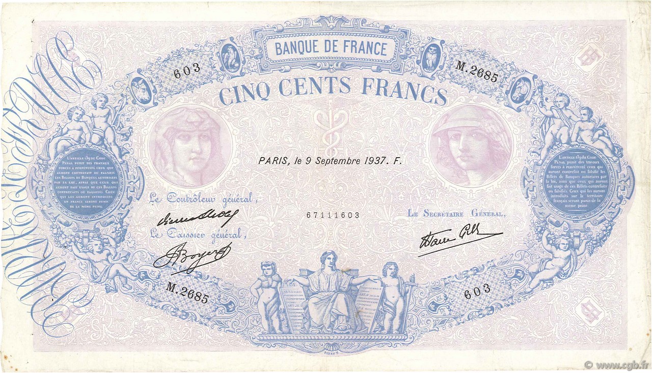 500 Francs BLEU ET ROSE modifié FRANCE  1937 F.31.03 TB+