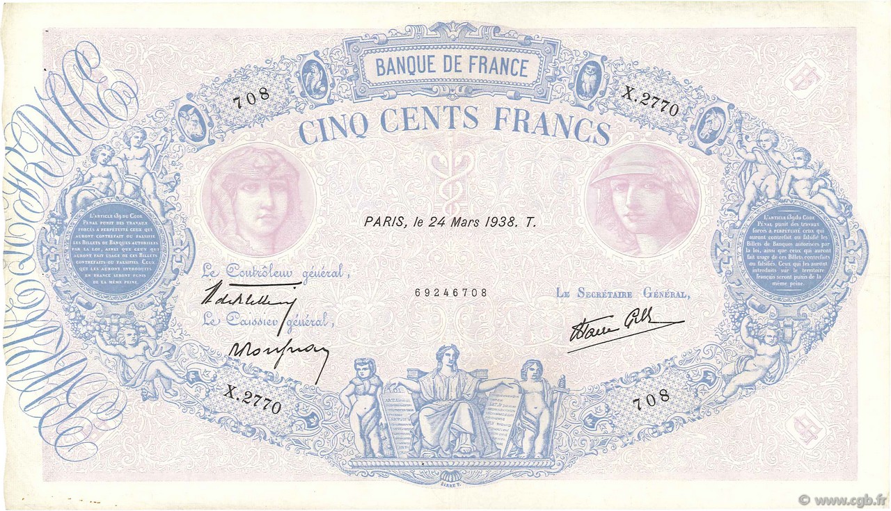 500 Francs BLEU ET ROSE modifié FRANCE  1938 F.31.06 TTB
