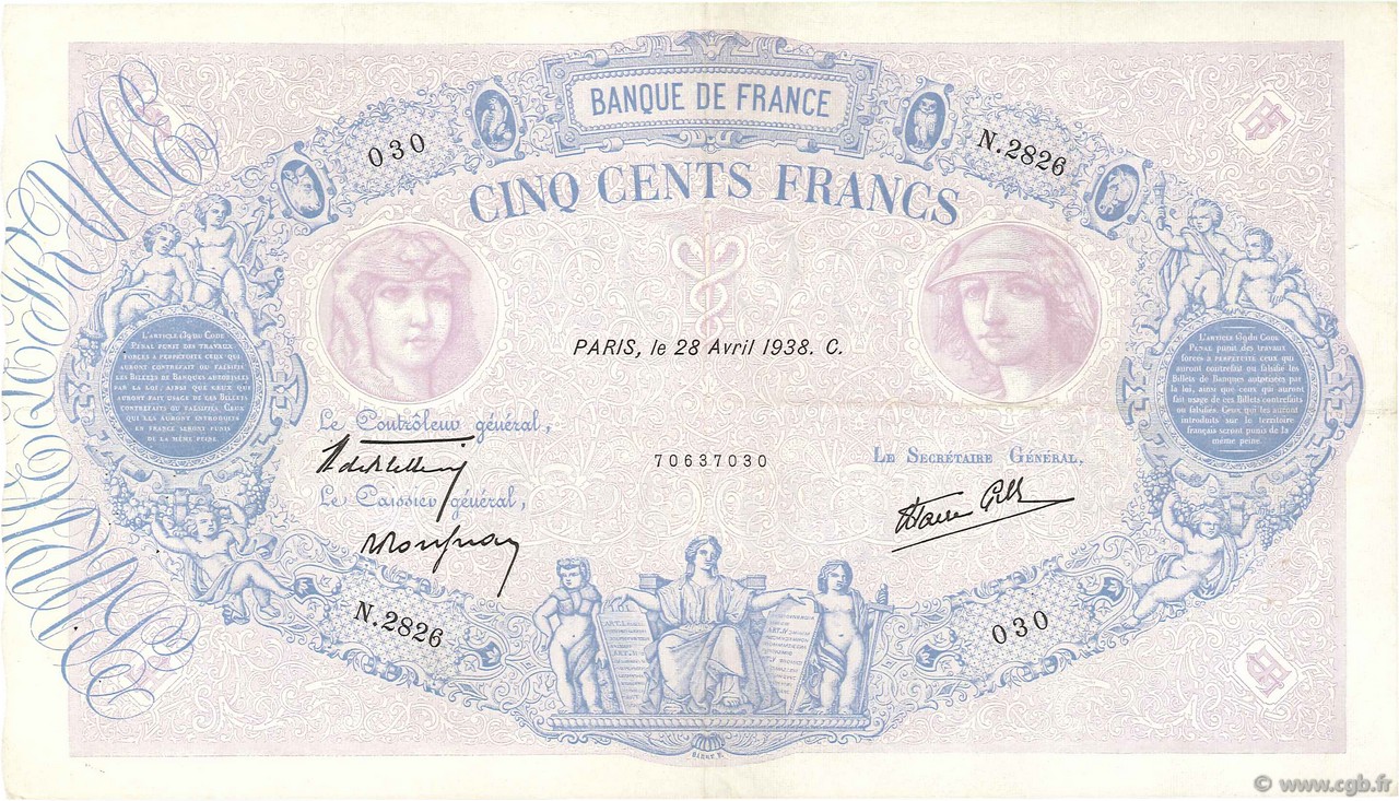 500 Francs BLEU ET ROSE modifié FRANCE  1938 F.31.09 TTB