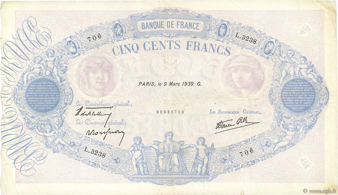 500 Francs BLEU ET ROSE modifié FRANCE  1939 F.31.26 TTB