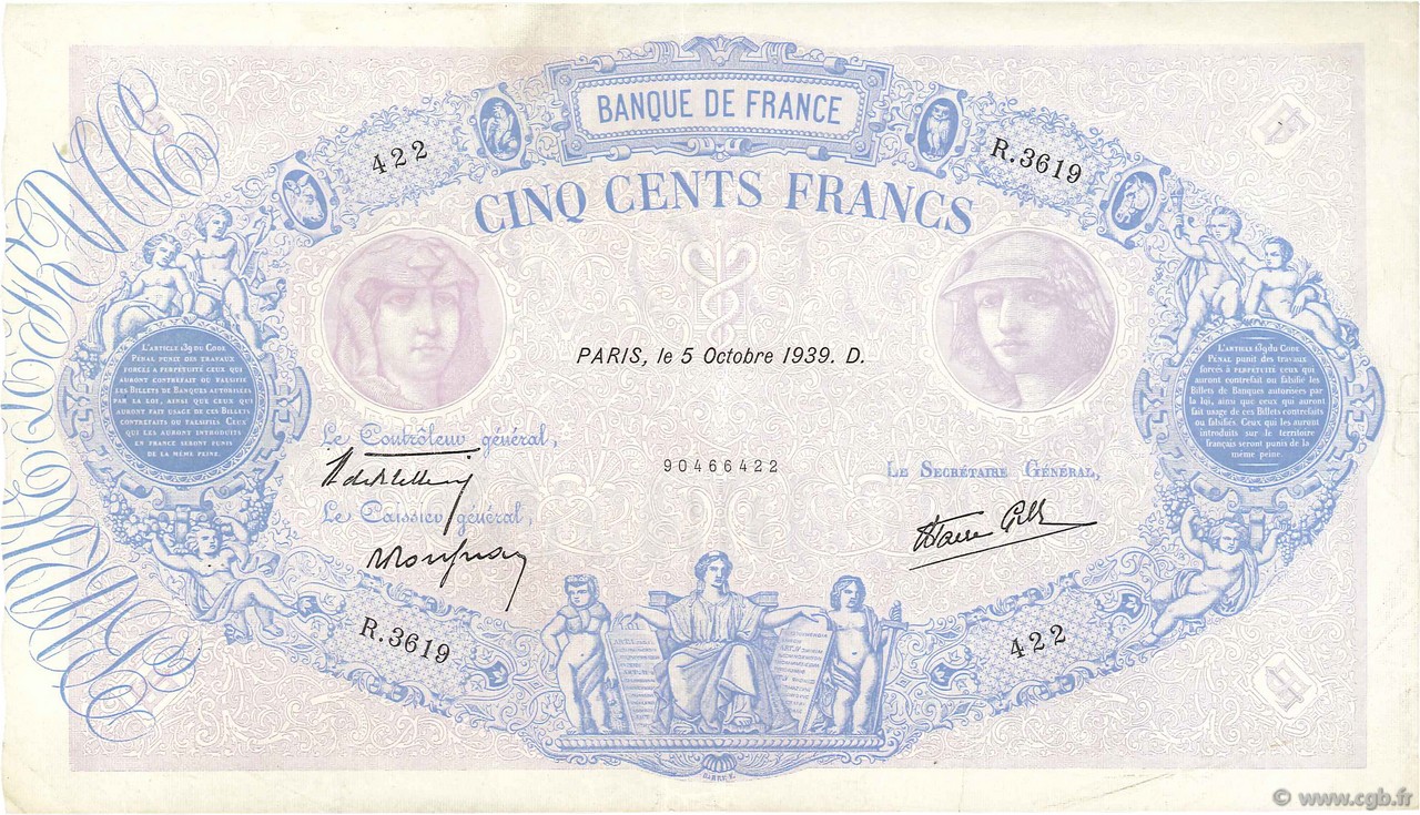 500 Francs BLEU ET ROSE modifié FRANCE  1939 F.31.42 TTB+