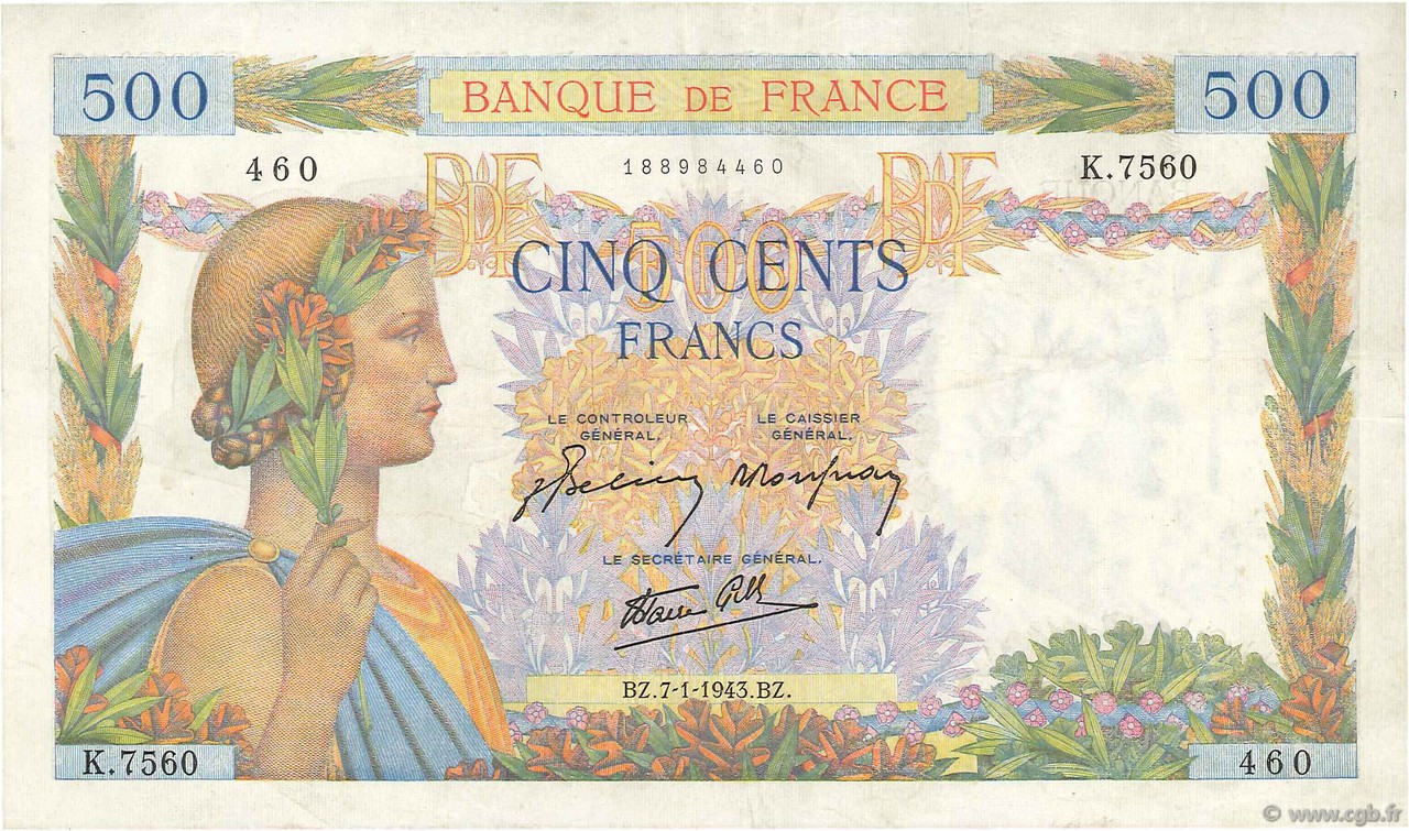500 Francs LA PAIX FRANCE  1943 F.32.44 SUP