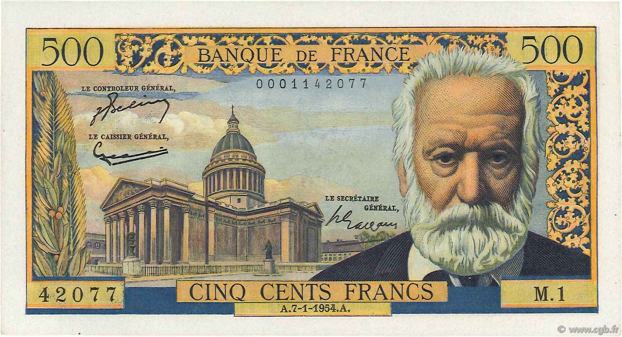 500 Francs VICTOR HUGO FRANCE  1954 F.35.01 SPL