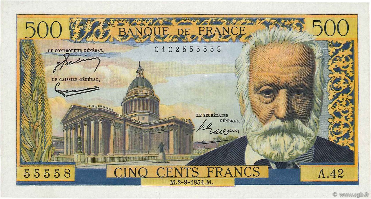 500 Francs VICTOR HUGO FRANCE  1954 F.35.03 SPL