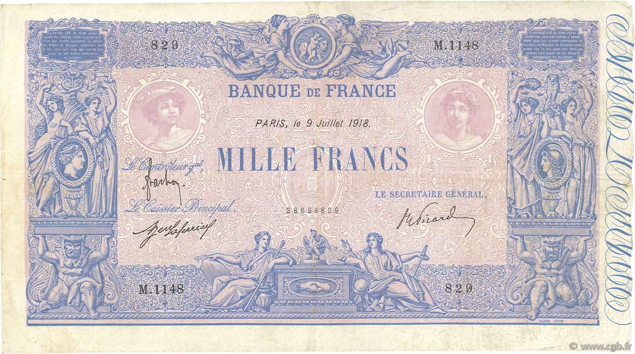 1000 Francs BLEU ET ROSE FRANCE  1918 F.36.32 TTB