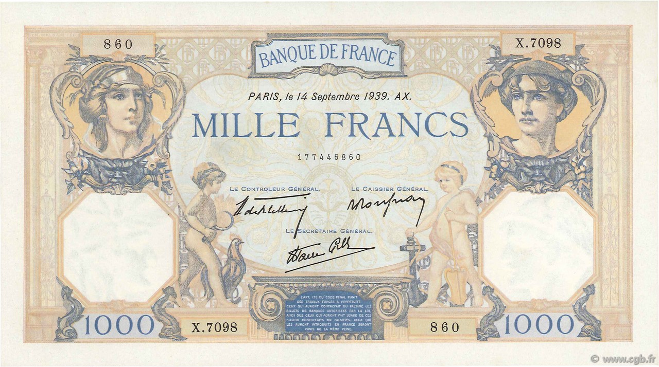 1000 Francs CÉRÈS ET MERCURE type modifié FRANCE  1939 F.38.36 NEUF