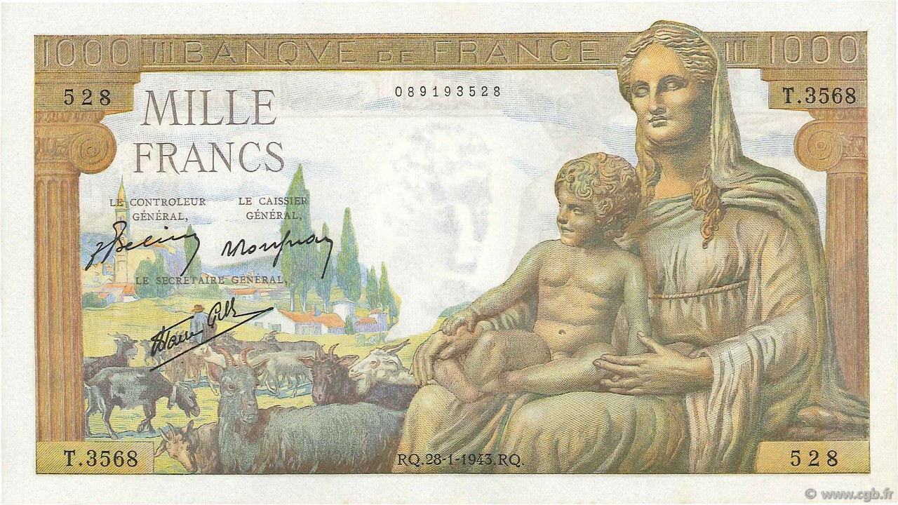 1000 Francs DÉESSE DÉMÉTER FRANCE  1943 F.40.17 NEUF