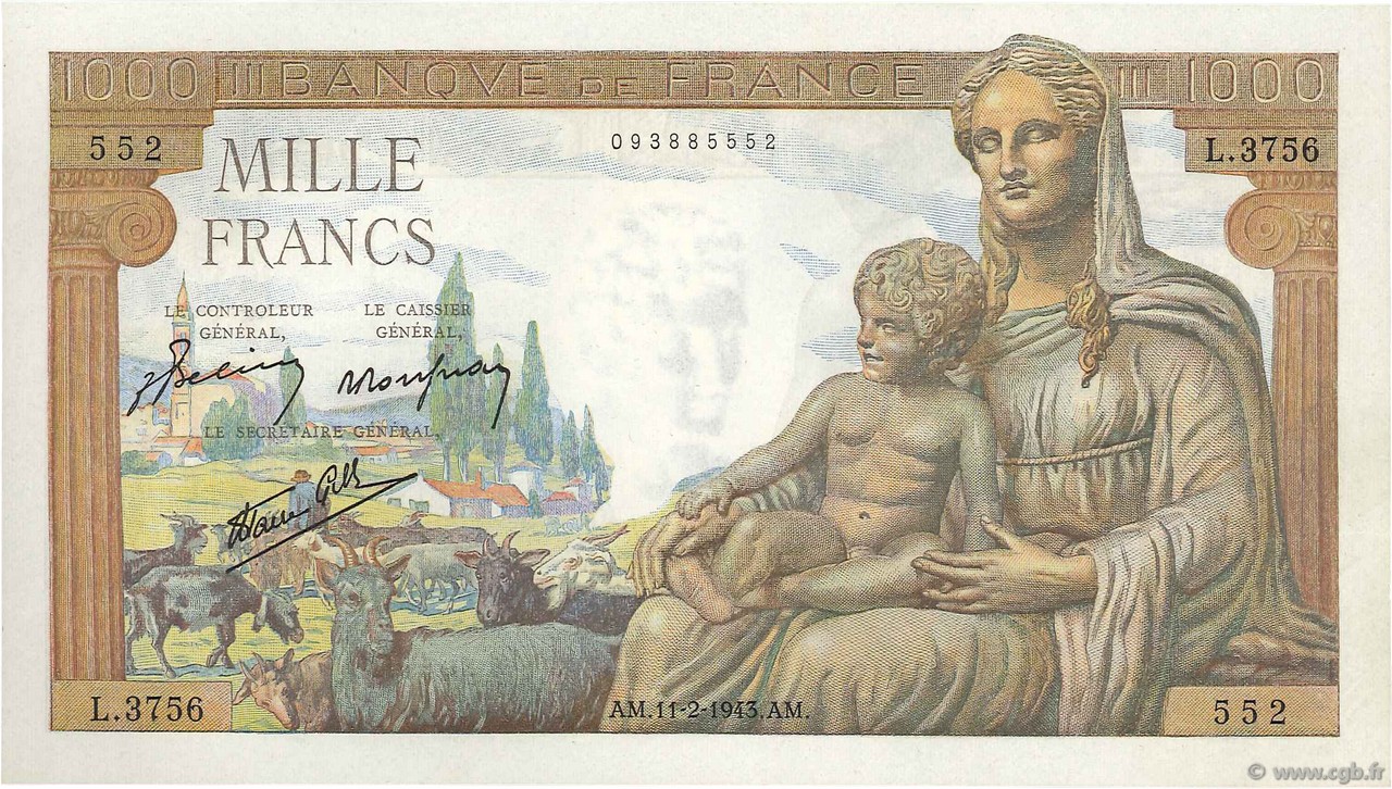 1000 Francs DÉESSE DÉMÉTER FRANCE  1943 F.40.18 NEUF