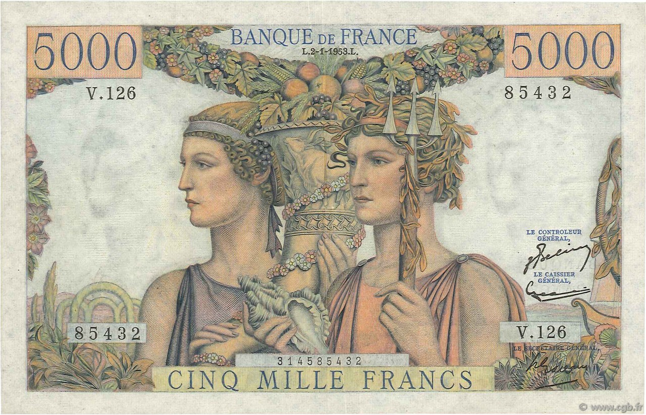 5000 Francs TERRE ET MER FRANCE 1953 F.48.08 SUP