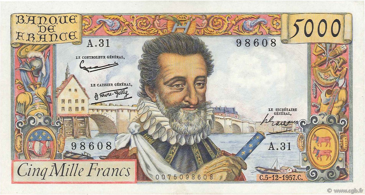 5000 Francs HENRI IV FRANCE  1957 F.49.04 pr.SUP