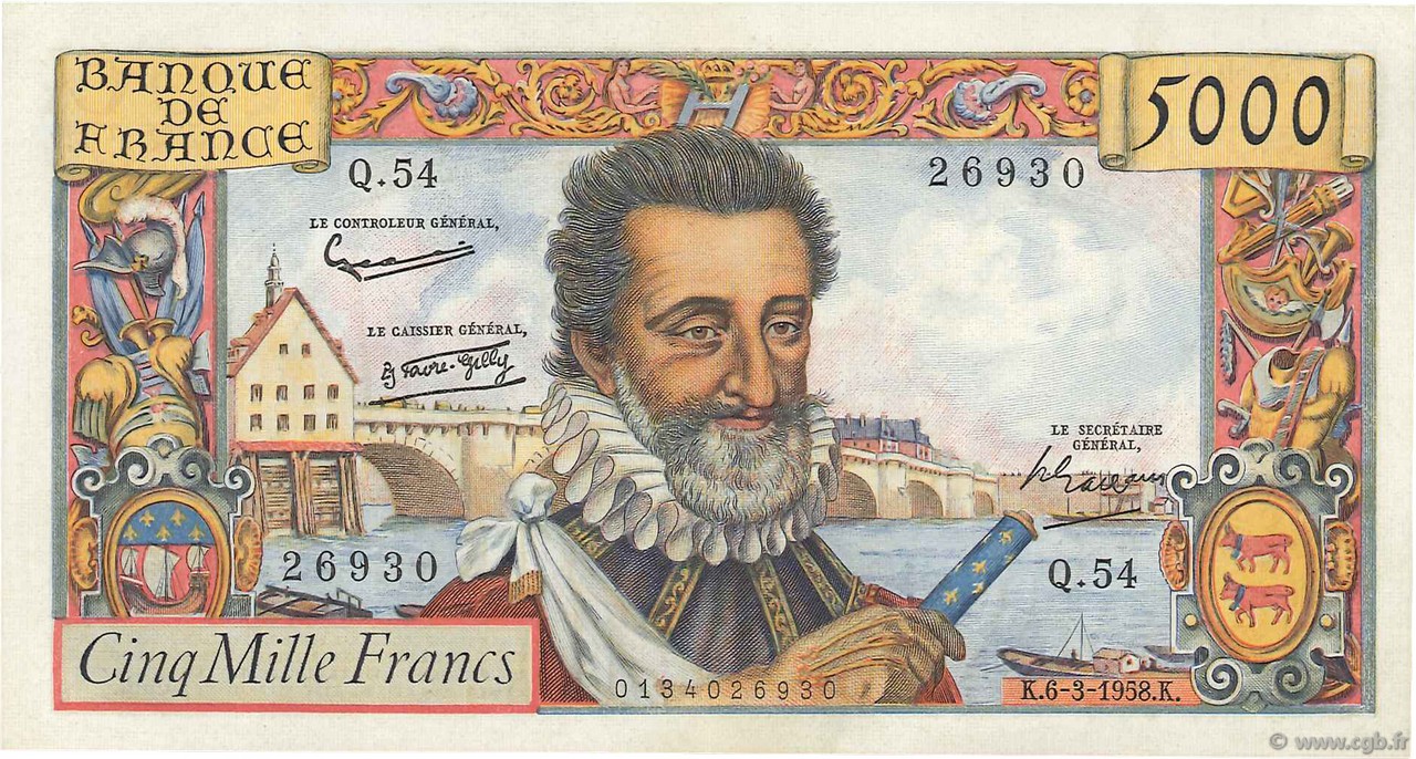 5000 Francs HENRI IV FRANCE  1958 F.49.06 pr.NEUF