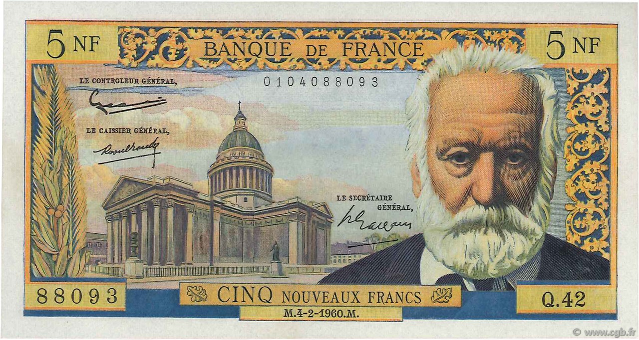 5 Nouveaux Francs VICTOR HUGO FRANCE  1960 F.56.05 pr.NEUF