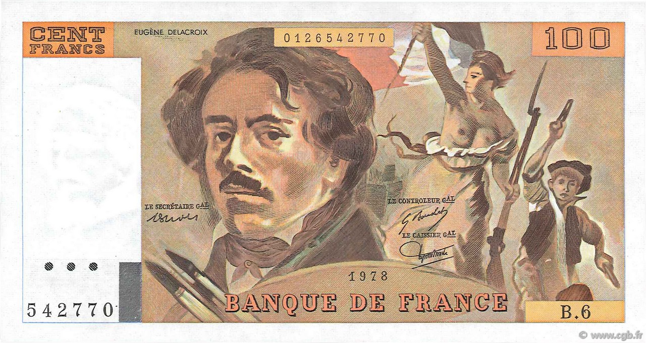 100 Francs DELACROIX modifié FRANCE  1978 F.69.01d pr.SPL
