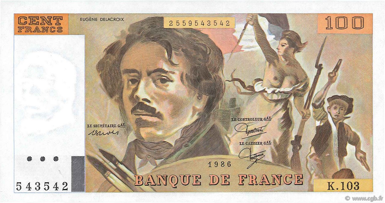 100 Francs DELACROIX modifié FRANCE  1986 F.69.10 pr.NEUF