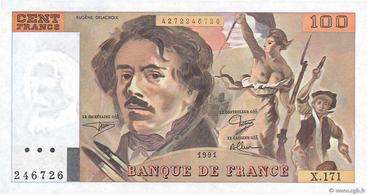100 Francs DELACROIX imprimé en continu FRANCE  1991 F.69bis.03a3 NEUF