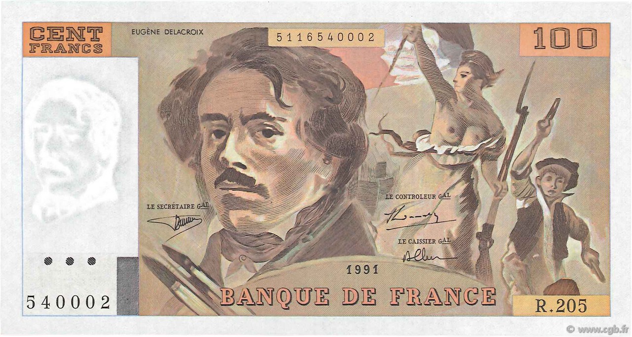 100 Francs DELACROIX imprimé en continu FRANCE  1991 F.69bis.04c SPL+