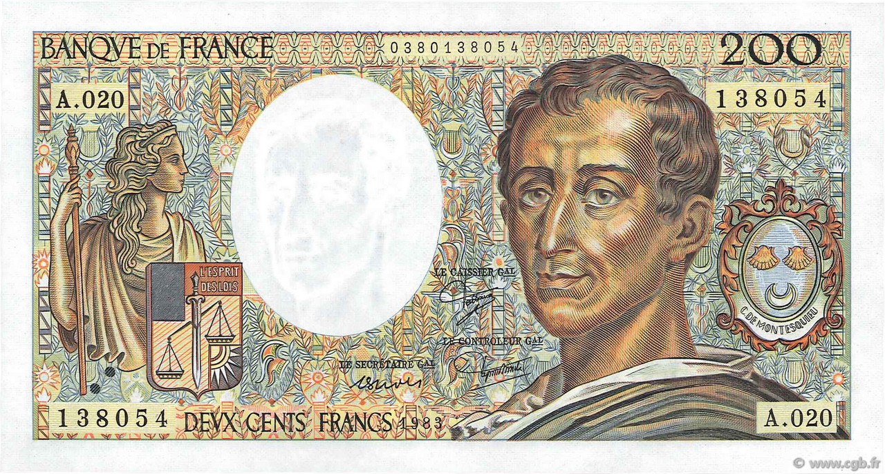 200 Francs MONTESQUIEU FRANCE  1983 F.70.03 UNC-