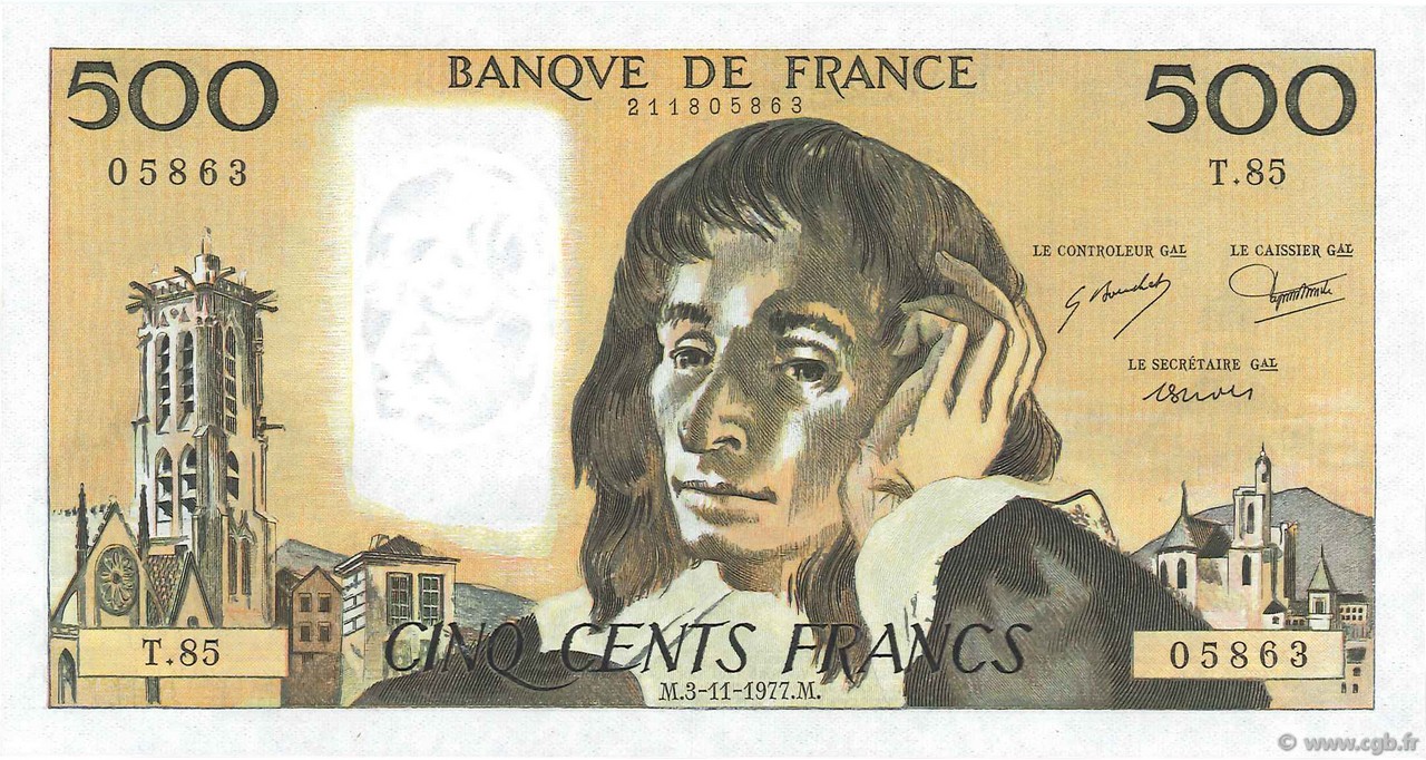 500 Francs PASCAL FRANCE  1977 F.71.17 NEUF