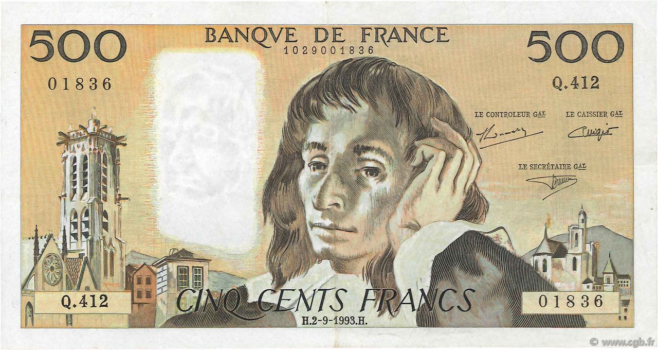 500 Francs PASCAL FRANCE  1993 F.71.52-412 pr.SUP