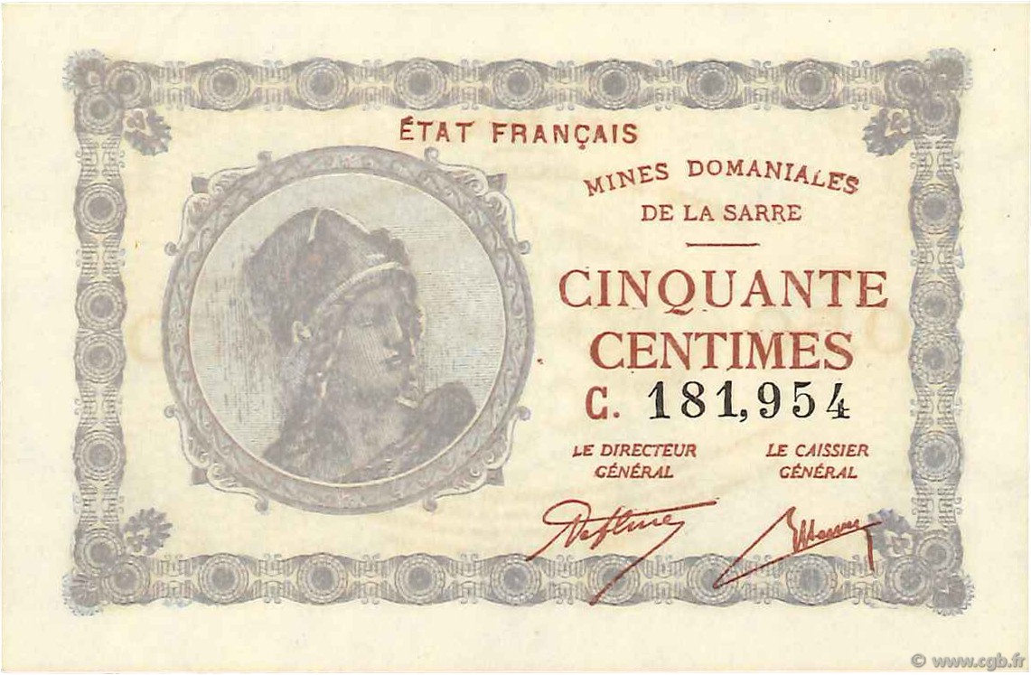 50 Centimes MINES DOMANIALES DE LA SARRE FRANCE  1920 VF.50.03 pr.NEUF