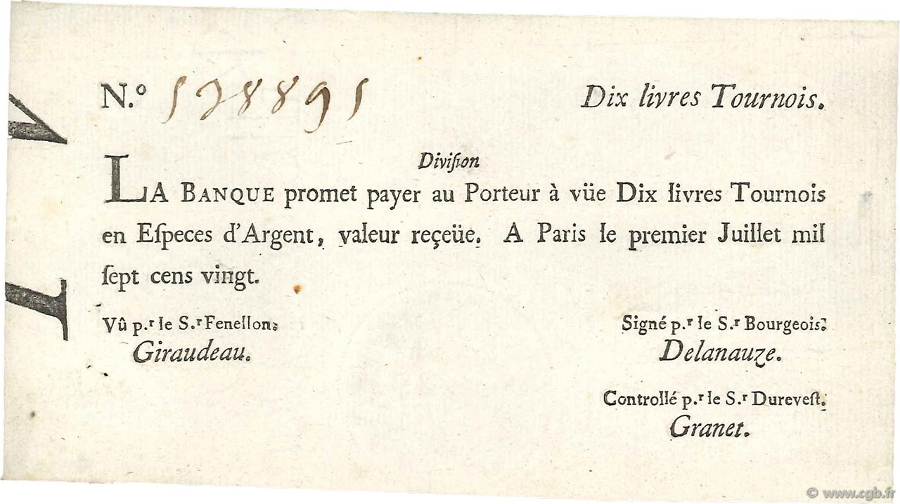 10 Livres Tournois typographié FRANCE  1720 Dor.22 SUP