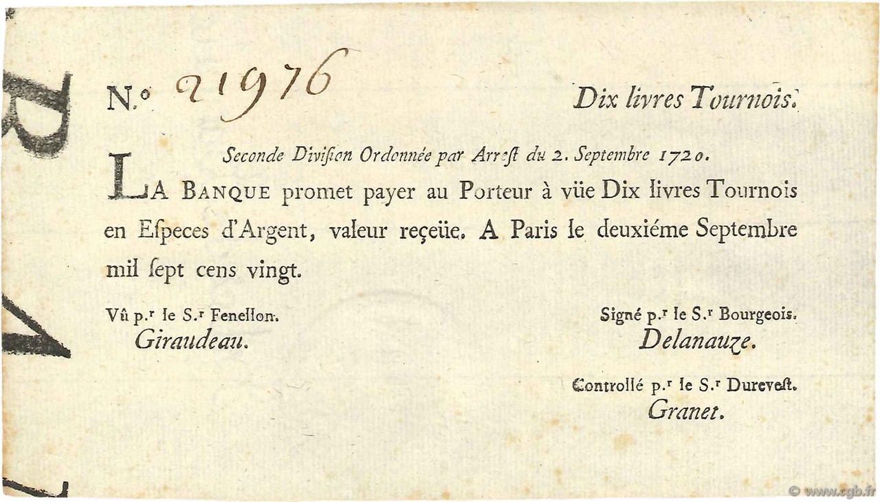 10 Livres Tournois typographié FRANCE  1720 Dor.23 SPL