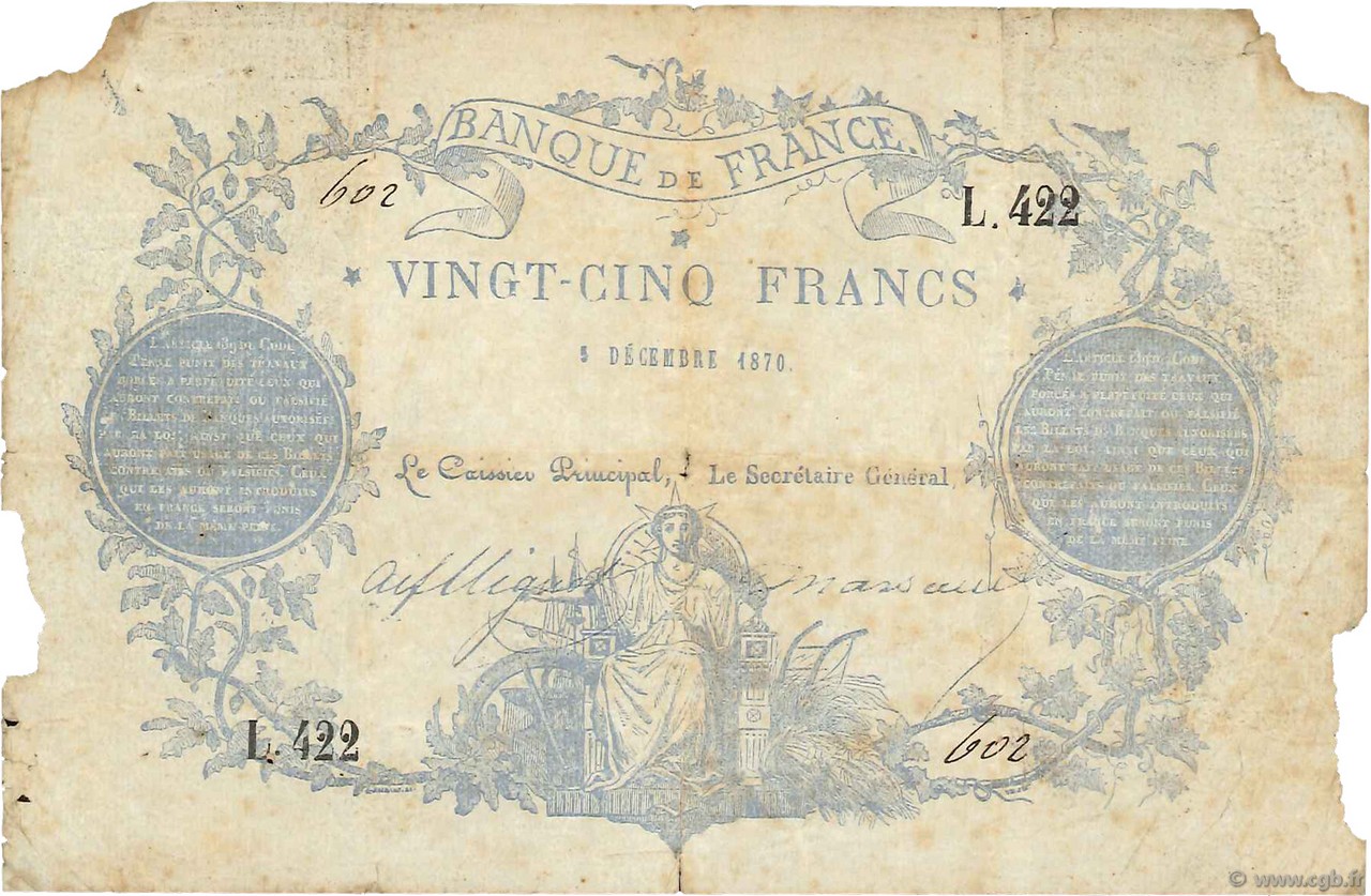 25 Francs type 1870 Clermont-Ferrand FRANCE  1870 F.A44.01 B+