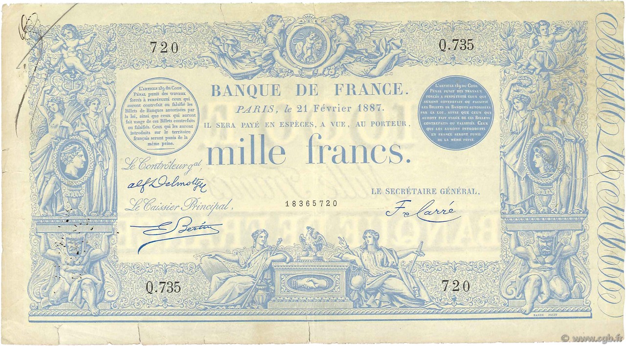 1000 Francs type 1862 Indices Noirs modifié FRANCE  1887 F.A50.07 TTB