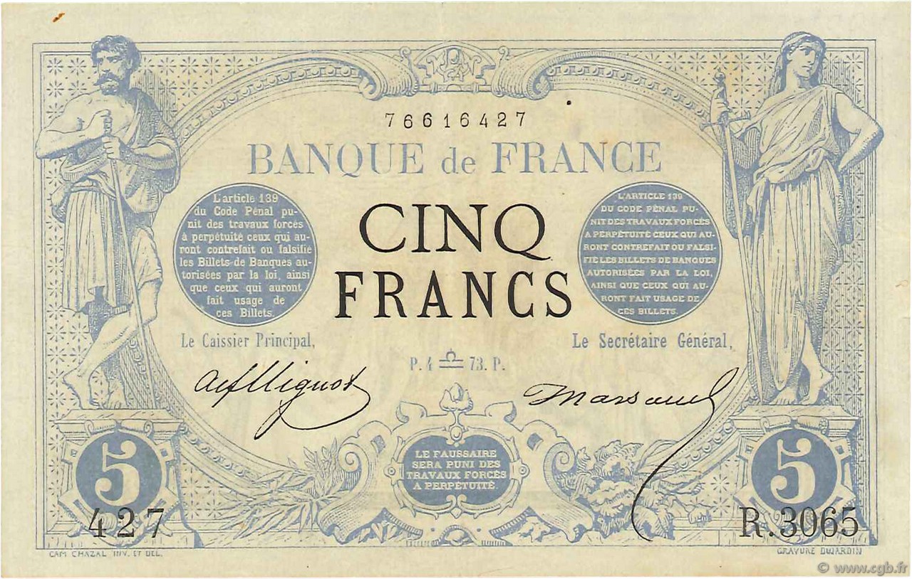5 Francs NOIR FRANCE  1873 F.01.22 SUP