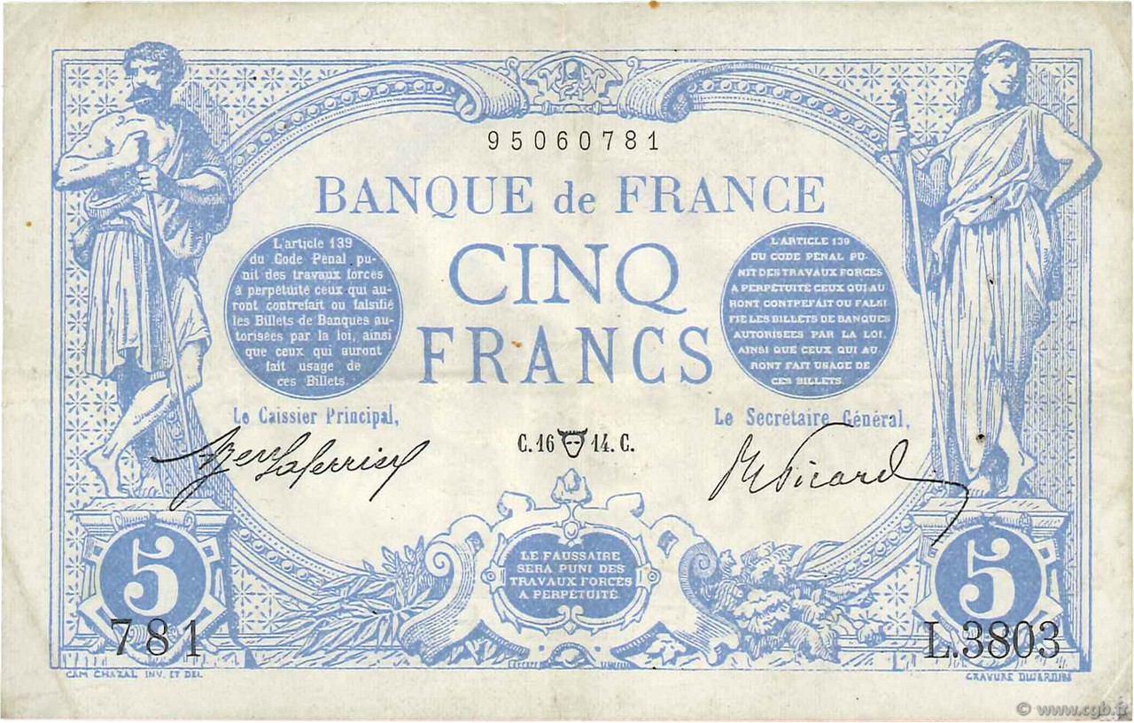 5 Francs BLEU FRANCE  1914 F.02.22 TTB