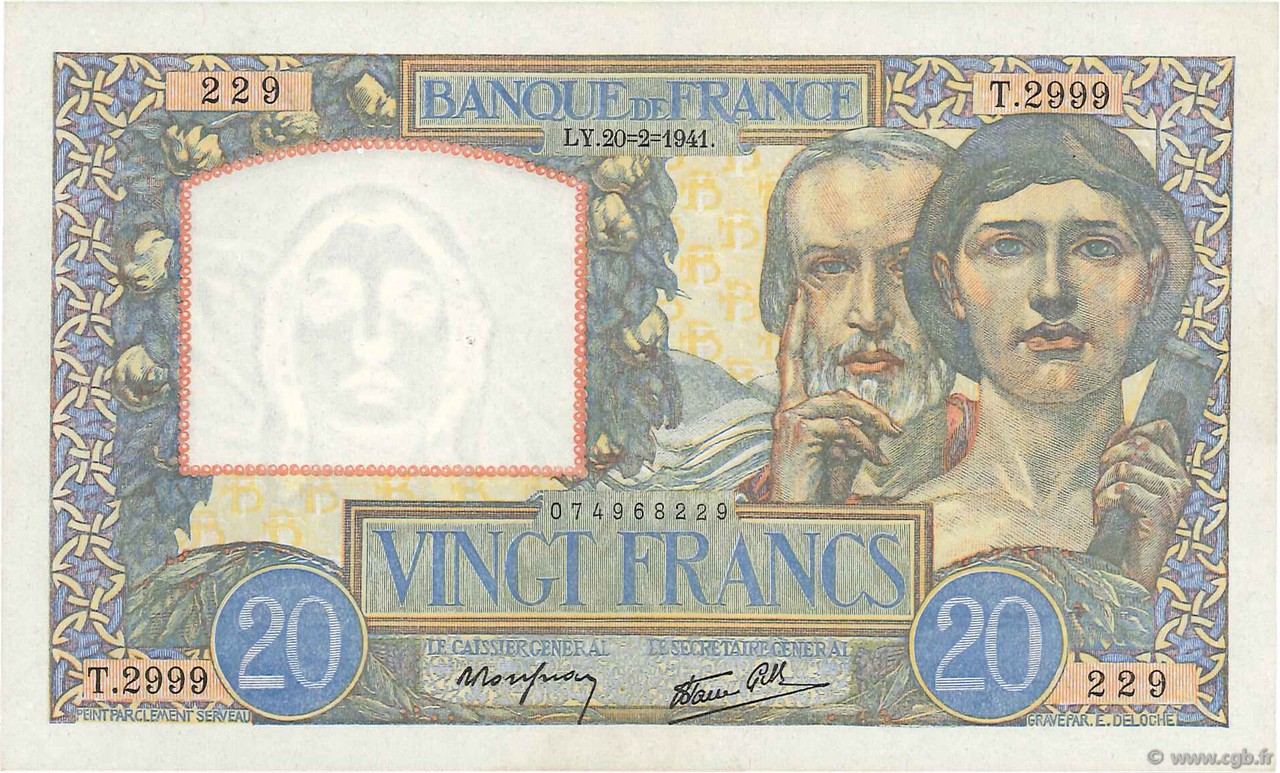 20 Francs TRAVAIL ET SCIENCE FRANCE  1941 F.12.12 pr.SPL